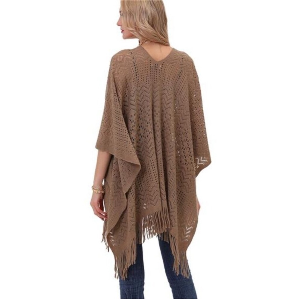 Knit Shawl Wrap - Fringe Poncho Cardigan Cape Brown - Picture 4 of 8